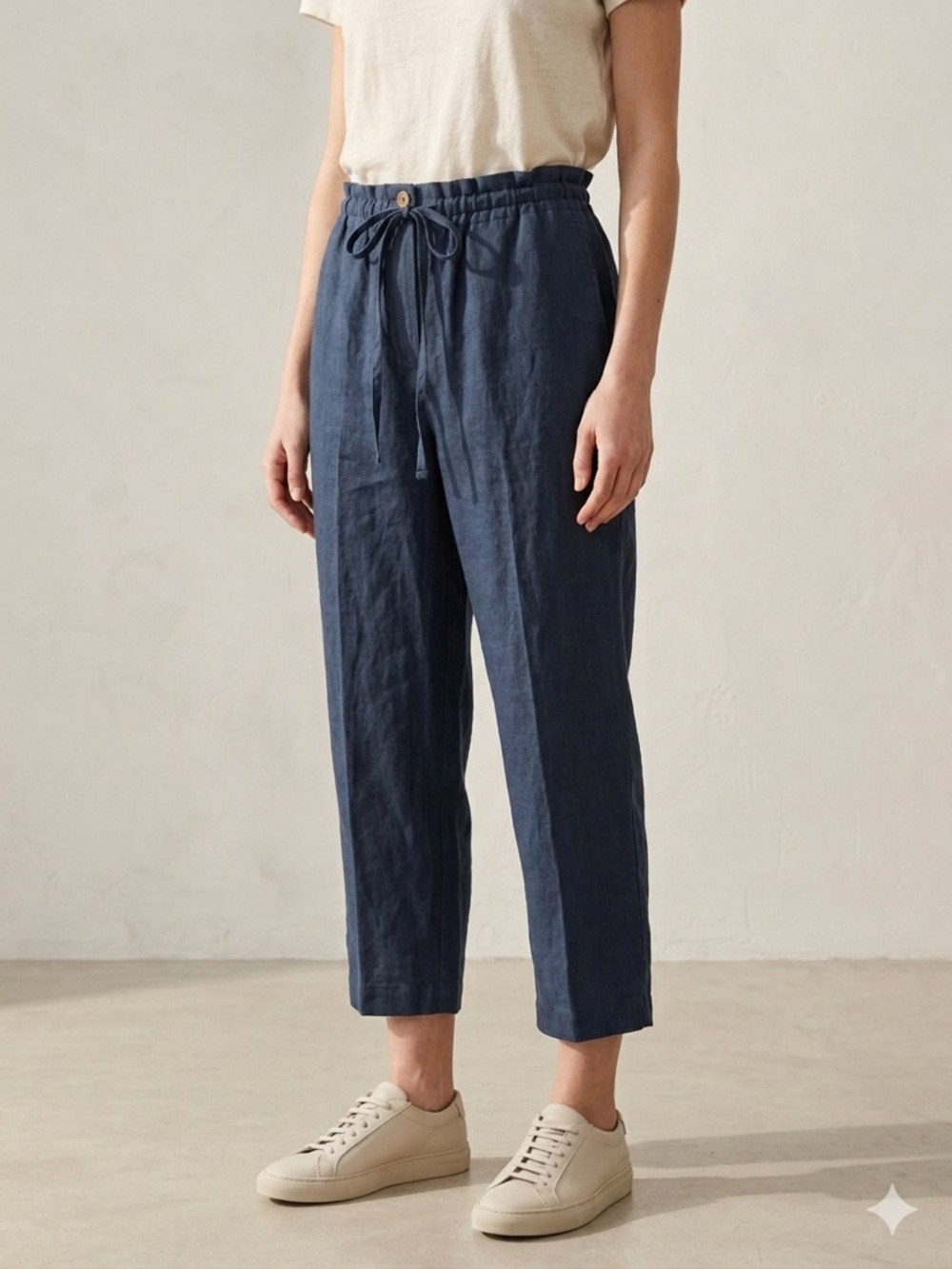 Vintage Jamaica Bay Navy Drawstring Linen Crop Pants